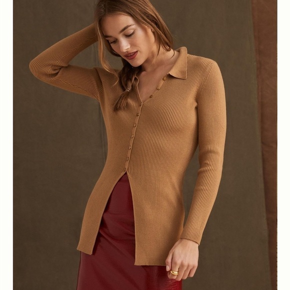 Maeve by Anthropologie Ribbed Slim Collared Brown Cardigan‎ Sweater Size XS - Picture 1 of 12